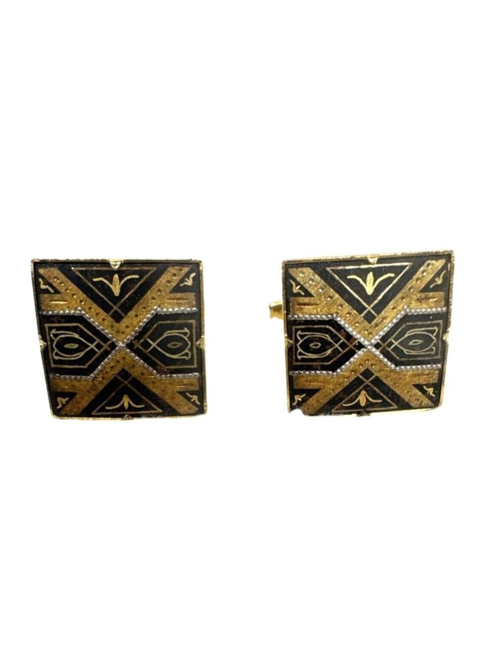Vintage Gold/Black Men's Amascene Geometric Square Cufflinks W/Intricate Details